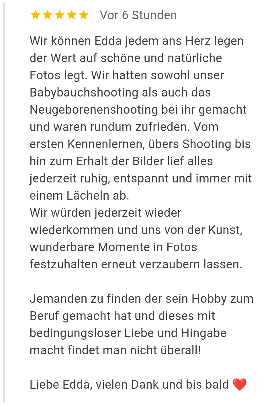 Positive Rezension zu einem Shootingerlebnis mit Fotografin Edda Bengelsdorf bei Meißen